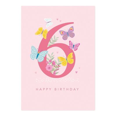 Tarjeta de cumpleaños | tarjeta de cumpleaños de la muchacha de la edad 6 | Tarjeta Infantil Mariposa Bonita