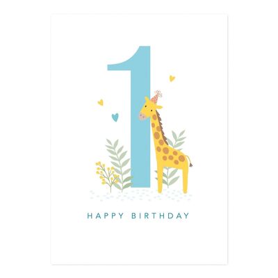 Tarjeta de cumpleaños | tarjeta de cumpleaños del muchacho de la edad 1 | Tarjeta linda de la jirafa