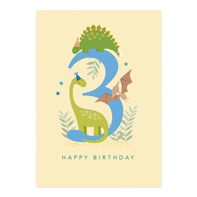 Tarjeta de cumpleaños | tarjeta de cumpleaños del muchacho de la edad 3 | Tarjeta Infantil Dinosaurio