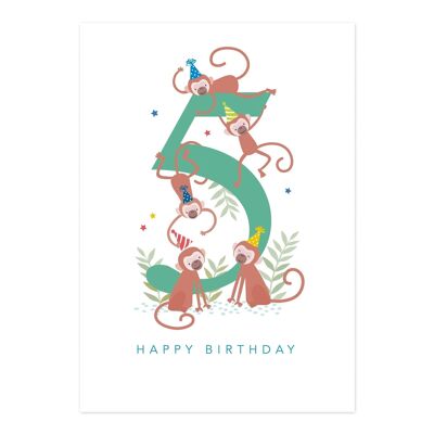 Tarjeta de cumpleaños | tarjeta de cumpleaños del muchacho de la edad 5 | tarjeta de edad | Tarjeta Infantil Mono