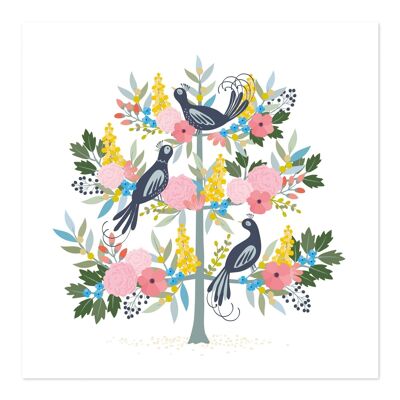 Biglietto di auguri | Carta bianca | Carta d'arte | Uccelli in carta albero floreale