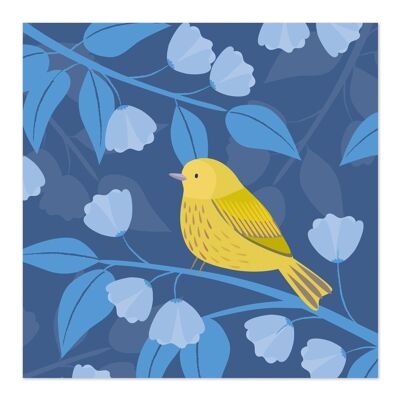 Biglietto di auguri | Carta d'arte | Carta bianca | Uccello giallo su sfondo blu