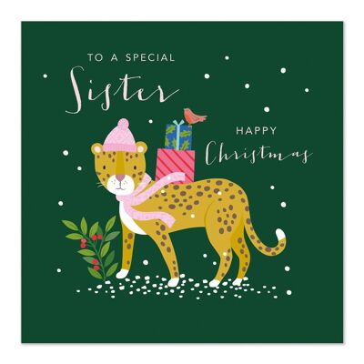 Cartolina di Natale | Buon Natale | Sorella | Divertente carta leopardo