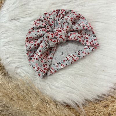 Cappello turbante in cotone grigio con fiori da giardino