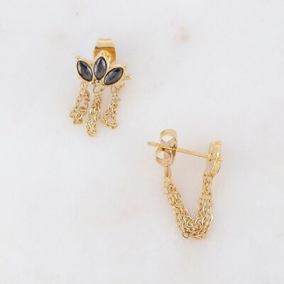 Goldene Puces Ciria Ohrringe mit schwarzen Kristallen und Ketten