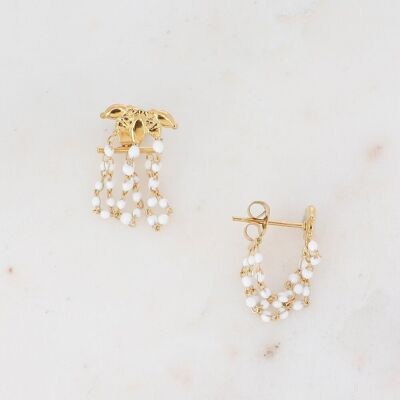 Ohrringe Yogi Perles golden mit Blättern und weiß emaillierten Ketten