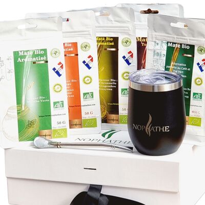 NOPHATHE KIT MATE : mate kit decouverte I mate bombilla kit Bio I tasse mate I mate parfume 5x 50g I kit maté complet (355ml)I Coffret Cadeau Original