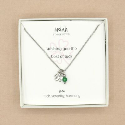 Necklace rock, four-leaf clover and jade, silver or gold stainless steel