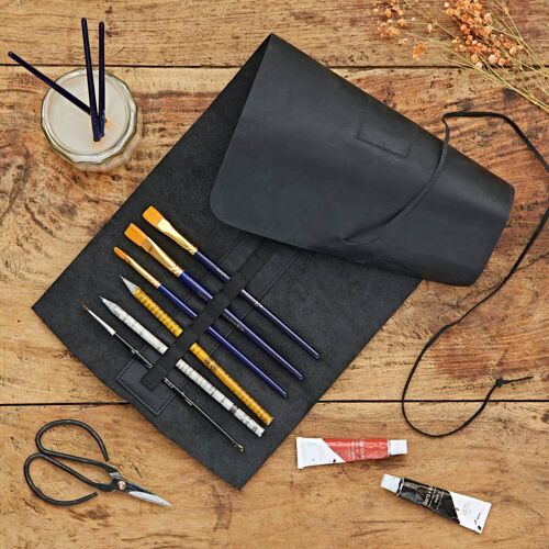 Black Buffalo Leather Roll Up Pencil Case