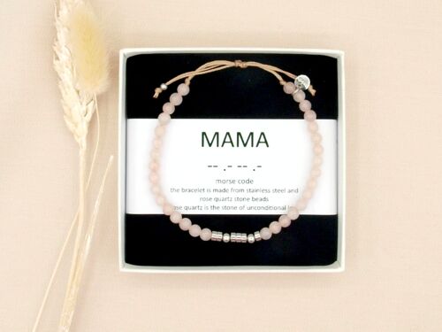 mama, morse code bracelet rose quartz, silver