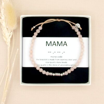 mama, morse code bracelet rose quartz, silver