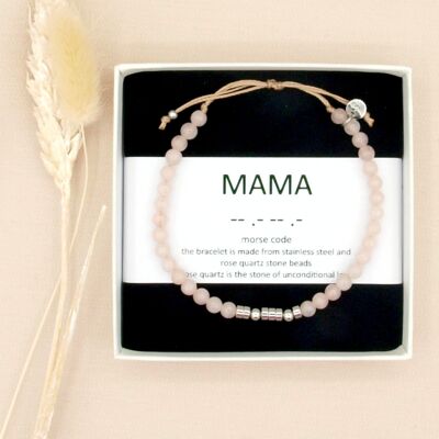 mom, rose quartz mors code bracelet silver