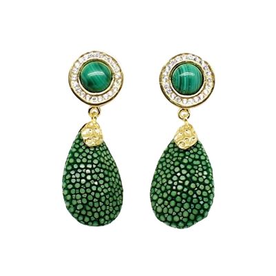 Paris earrings in green Galuchat with Malachite