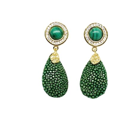 Paris earrings in green Galuchat with Malachite