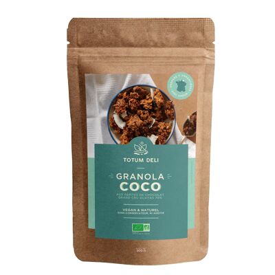 Granola al cocco e gocce di cioccolato fondente al 70%.