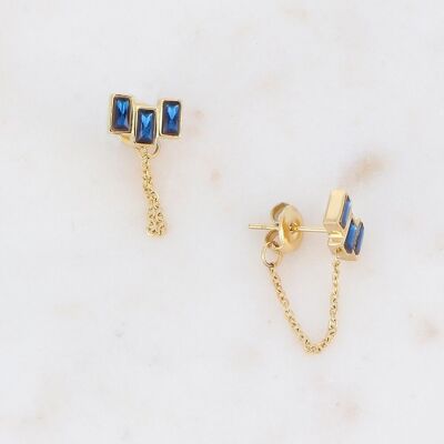 Golden Rylee earrings with 3 blue crystals and chain
