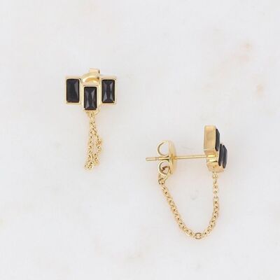Golden Rylee earrings with 3 black crystals and chain