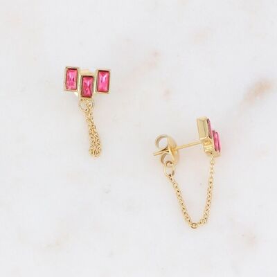 Goldene Rylee-Ohrringe mit 3 rosa Kristallen und Kette