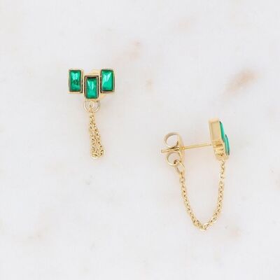 Golden Rylee earrings with 3 green crystals and chain