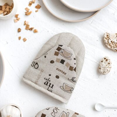 Ofen-Mini-Handschuh, Kochhandschuh, Topflappen, naturfarbenes Leinen, mit COFFEE NATURAL