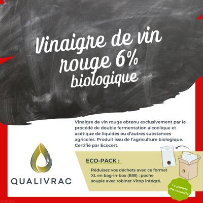 Organic 6% Red Wine Vinegar - 10 liters (Bag-In-Box)