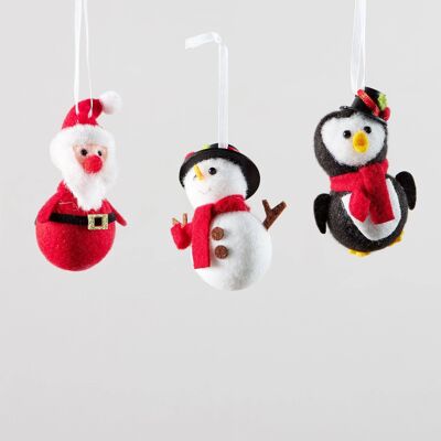 Figurines en feutrine Pingouin, Père Noël et Bonhomme de neige