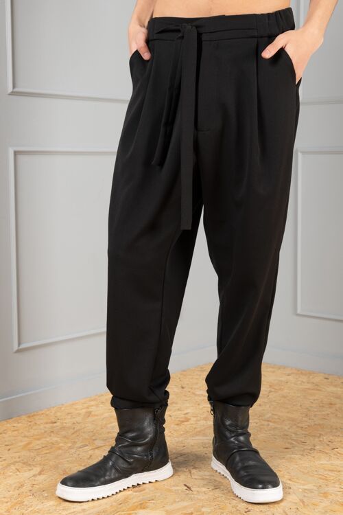 Pegasus black unisex trousers with tie-belt