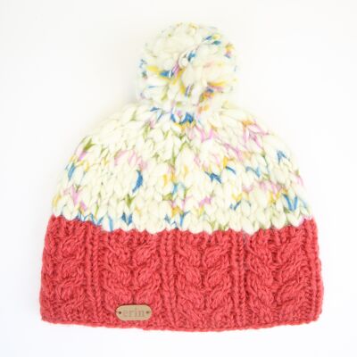 PK1932 Uneven Wool Bobble Hat with Cable Band Raspberry