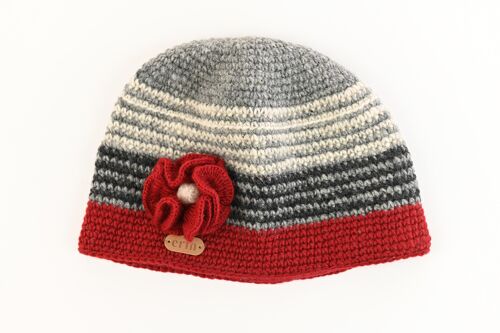 PK1521 Crochet Cap with Flower Red/Grey