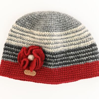 PK1521 Bonnet Crochet avec Fleur Rouge/Gris