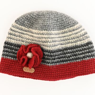 PK1521 Crochet Cap with Flower Red/Grey