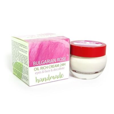 Crema Facial 24H con Aceite de Rosa de Bulgaria - Hecha a Mano - Anti Edad, 50 ml