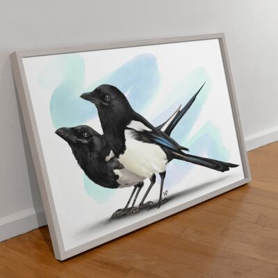 Two For Joy Magpie Bird Art Print & Canvas - A4 Print (210 x 297mm)