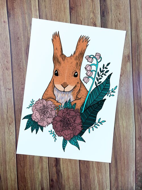 A4 Red Squirrel and Florals Art Print