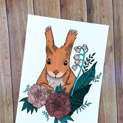 A4 Kunstdruck mit rotem Eichhörnchen und Blumen