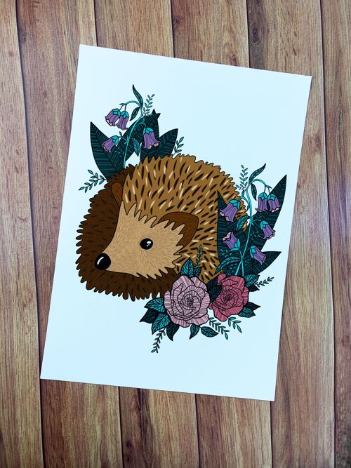 A4 Hedgehog and Florals Art Print