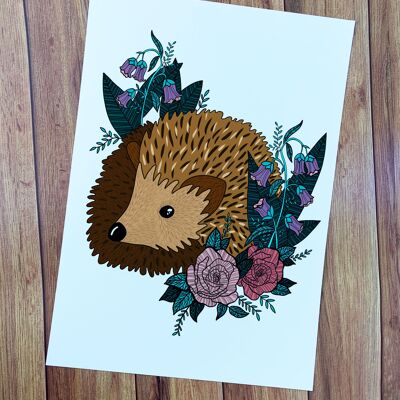 A4 Hedgehog and Florals Art Print