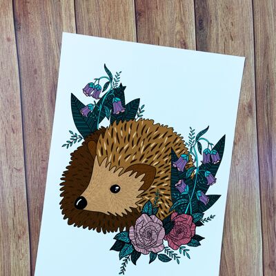 A4 Hedgehog and Florals Art Print