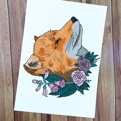 Stampa artistica di volpe e fiori A4