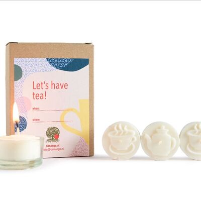Prenons le thé ! coffret cadeau contenant des bougies chauffe-plat et une tasse en cire de colza