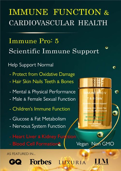 Immune 5 T Cell Fertility AntiOxidant Protection, White & Red Blood Cell Production, Sexual Function Mental Performance Reduce Tiredness Glucose Metabolism Nails Hair Bones Elderberry Garlic Ginseng Green Tea Cats Claw Zinc D3 B5 B9 B12
