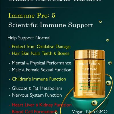 Immune 5 T Cell Fertility AntiOxidant Protection, White & Red Blood Cell Production, Sexual Function Mental Performance Reduce Tiredness Glucose Metabolism Nails Hair Bones Elderberry Garlic Ginseng Green Tea Cats Claw Zinc D3 B5 B9 B12