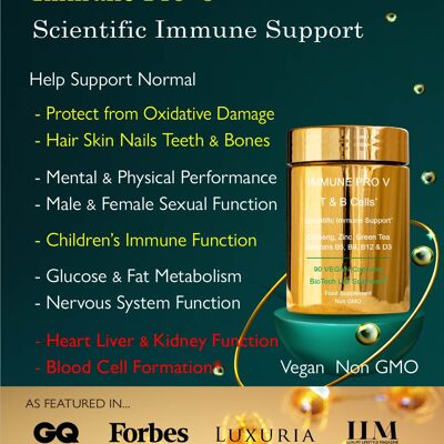Immune 5 T Cell Fertility AntiOxidant Protection, White & Red Blood Cell Production, Sexual Function Mental Performance Reduce Tiredness Glucose Metabolism Nails Hair Bones Elderberry Garlic Ginseng Green Tea Cats Claw Zinc D3 B5 B9 B12