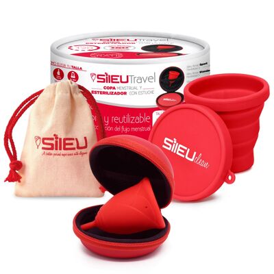 Sileu Travel: Copa menstrual Sileu Rose, Color Rojo + Esterilizador Plegable Color Rojo + Estuche en forma de flor 10 cm, Color Rojo