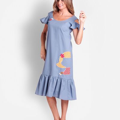 Blaues Kleid aus Baumwolle mit Applikationen
