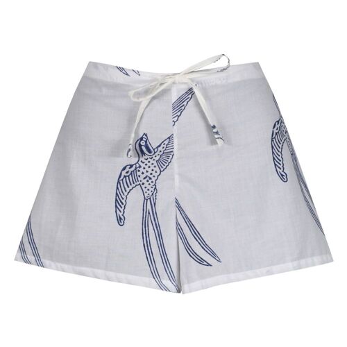 Women's Cotton Shorts - Long Tailed Bird Blue on White