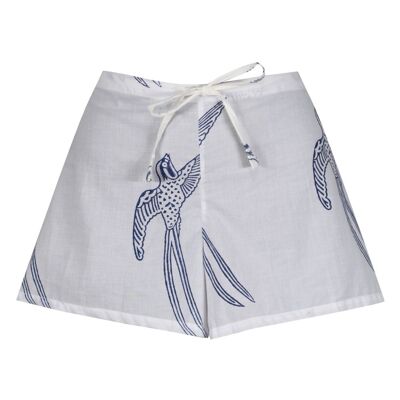 Pantalones cortos de algodón para mujer - Pájaro de cola larga azul sobre blanco