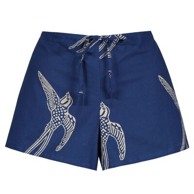 Pantalones cortos de algodón para mujer - Pájaro de cola larga en azul oscuro