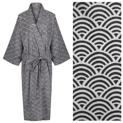 Women's Cotton Dressing Gown Kimono - Rainbow Black on Grey