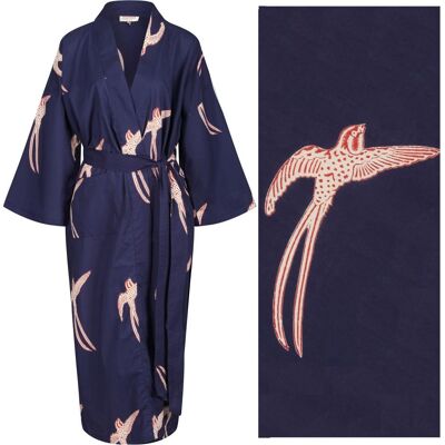 Peignoir Femme Coton Kimono - Oiseau à Longue Queue Rouge et Crème sur Bleu Foncé